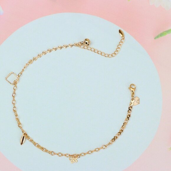 "Rose Gold Charm Anklet with Floral, Leaf & Square Link Accents, XPAL1045 - Picture 12 of 12